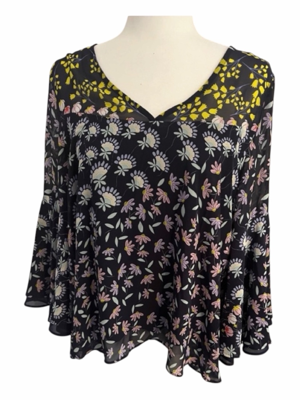 Nanette Lepore Blue Floral V-Neck Bell Sleeve Blouse with Yellow Accents